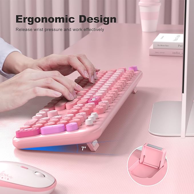 Wireless Keyboard and Mouse Combo, MOWUX Full Size Typewriter Retro Round Computer Keyboard, Cute Optical Mouse Wireless, Plug and Play, for Laptop, PC, Computer- Pink Heart