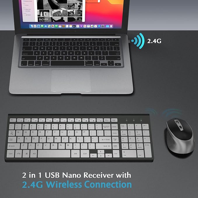 Wireless Keyboard Mouse, J JOYACCESS Sleek and Ergonomic 2.4G Wireless Keyboard and Mouse Set,Portable and Comfortable for Travel Compatible withComputer/Laptop/Windows/Mac-Black/Silver