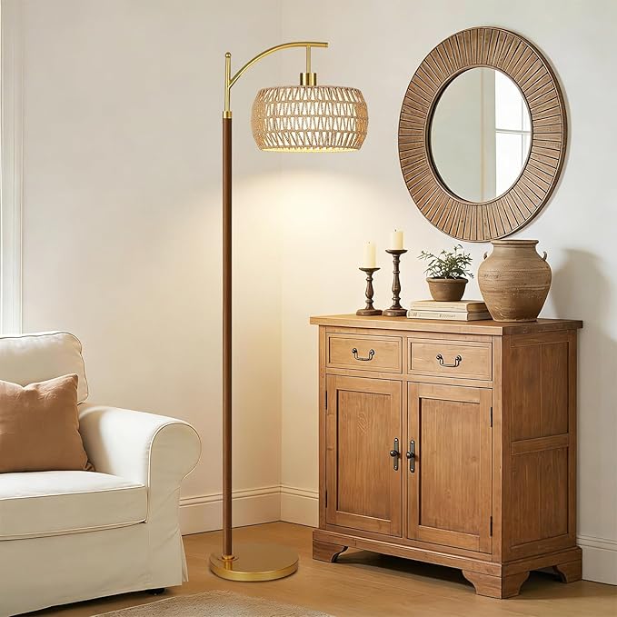 ILLMTW Boho Floor Lamp for Living Room,Bedroom,Rattan Standing Lamp with Remote Dimmable,Wood Vintage Mid Century Modern Gold Tall Lamp Wicker Lamp Shade Floor Lights Bohemian Tiffany Style