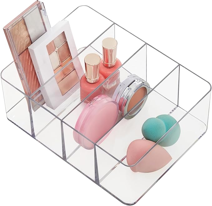 STORi 4-Compartment Clear Plastic Organizer, Rectangular Divided Makeup and