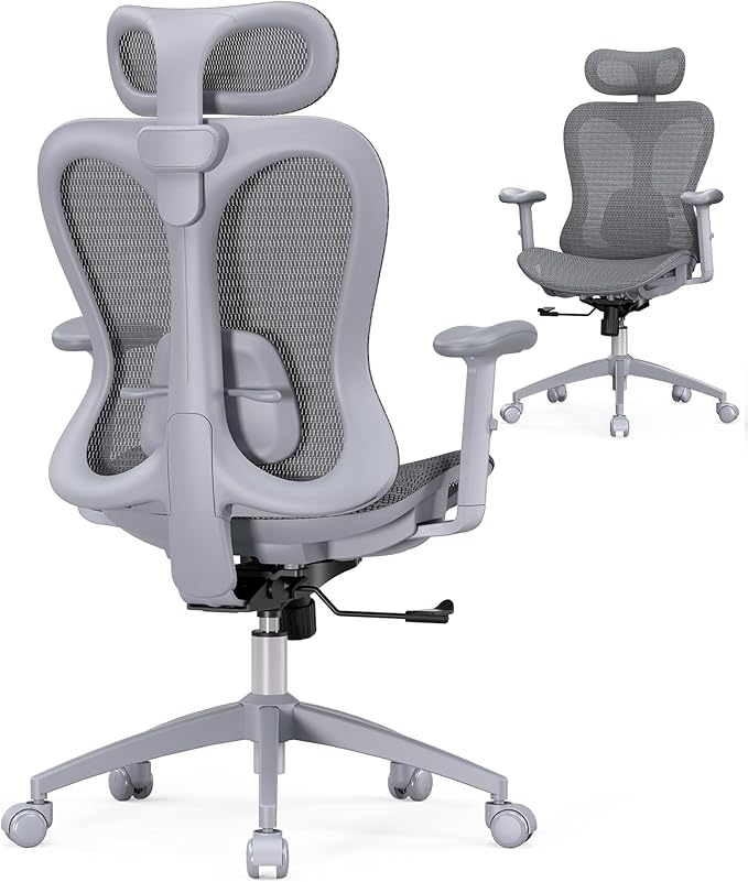 Ergonomic Office Desk Chair, Comfortable Computer Gaming Chair, Breathable Mesh Back & Seat, Adjustable Armrest & Headrest, Lumbar Support, Butterfly Design for Home Office (Gray)