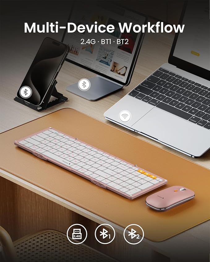 ProtoArc Foldable Keyboard and Mouse, XKM01 True Full-Size Folding Wireless Keyboard Mouse Combo for Business Travel, a Portable Office Suite On-The-Go, Compatible with Laptop iPad Tablet - Pink