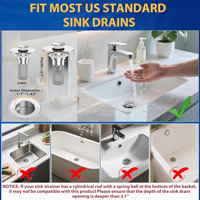 2PCS Bathroom Sink Stopper Strainer, Pop-Up Bathroom Sink Drain Strainer