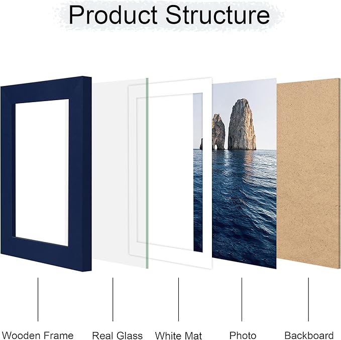 5x7 Picture Frame Set of 4, 5 x 7 Wood Photo Frames with Mat for 4x6, Natural Wooden Frame with Real Glass Cover for Wall and Tabletop Display,Blue