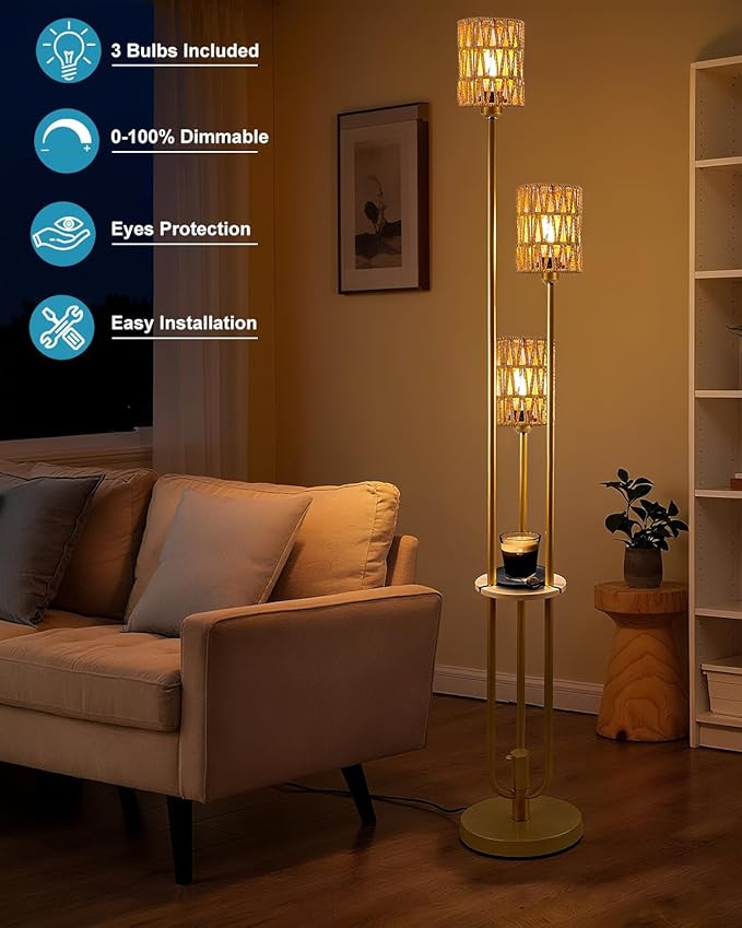 Lightdot Dimmable Boho Floor Lamps with 5Lbs Heavy Base for Living Room, 3-Lights Rattan Floor Lamp with Shelves Rustic Gold Standing Lamp with Warmwhite Bulbs Included for Sofa Beside/Corner Decor