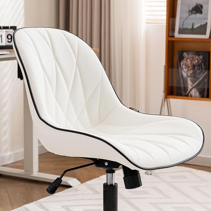 Rowill Modern Office Chair - Ergonomic Swivel Leather Desk Chair with Curved Backrest, Height Adjustable Rolling with Wheels, Perfect for Study Room & Office, White