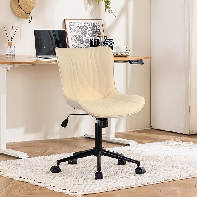 YOUTASTE Office Chair Armless Desk Chair Small Computer Swivel Rolling Chair with Wheels, Modern Upholstered PU Leather Computer Sewing Chair, Adjustable Home Office Desk Chairs, Beige