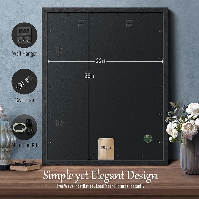 VCK 22x28 Poster Frame - Black, Textured Exclusive Solid Wood Picture Frames - Wall Hanging