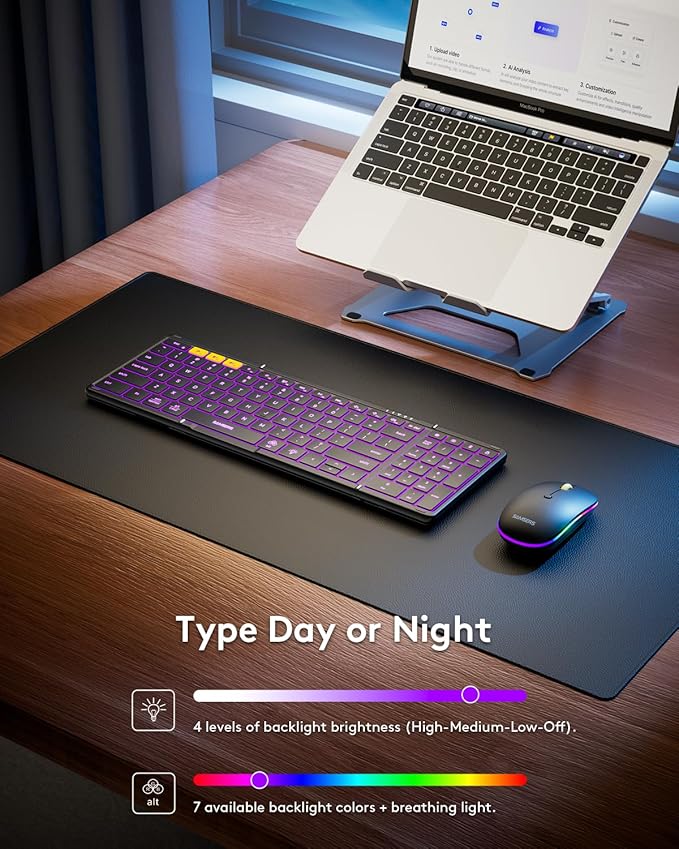 Samsers Foldable Keyboard and Mouse, Folding Bluetooth Keyboard Mouse Combo with Backlight, 2.4G + BT5.0 x 2, Full-Size Travel Keyboard & Portable Wireless Mouse for Windows/Android/iOS/Mac OS, Black