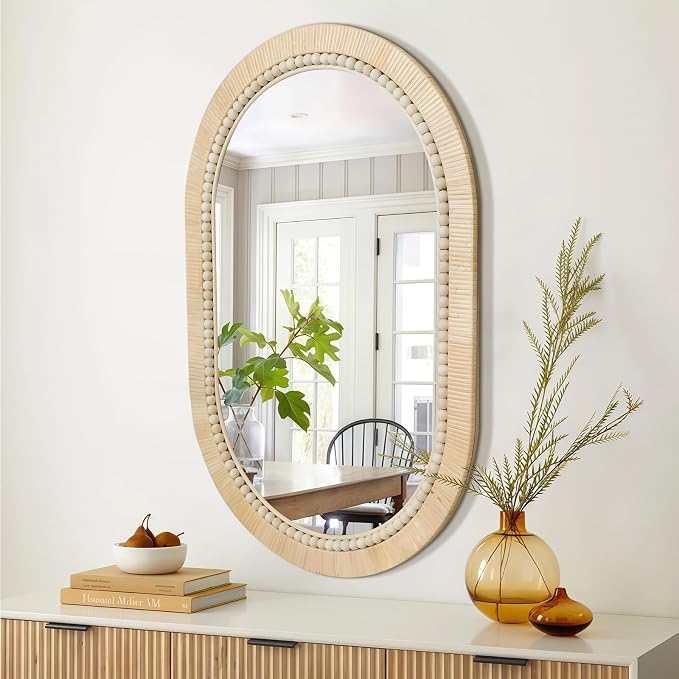 ULIKE Rattan Mirror for Bathroom, 20x30 Inch Oval Rustic Farmhouse Wall Decor with Handmade Wicker Frame, Boho Mirror for Nursery Bedroom Living Room Entryway