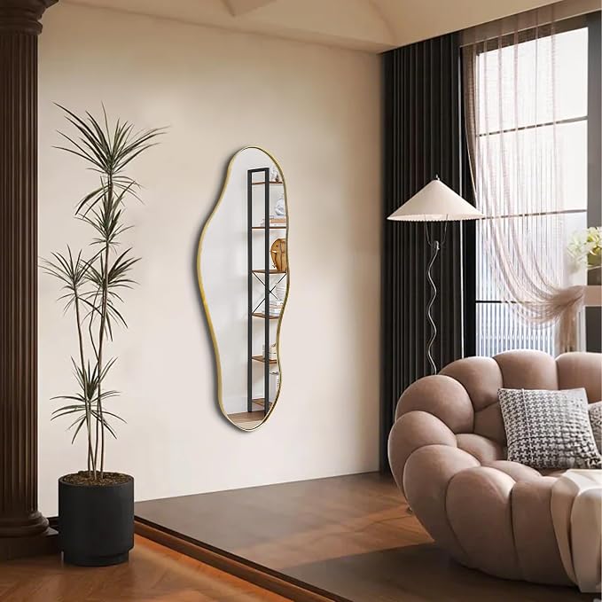 Irregular Mirror, 47"x20.5" Asymmetrical Decorative Accent Mirror with Black Metal Frame, Large Organic Shape Mirrors for Entryway Bedroom Living Room, Horizontal or Vertical Hangin