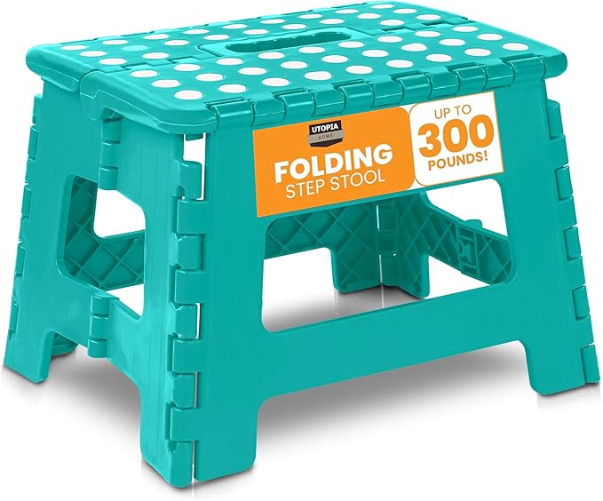 Utopia Home Folding Step Stool with Handle – 9 Inch Anti Slip Collapsible Stool – Holds Up to 300 lbs – Sturdy Plastic Step Stool Foldable for Kitchen, Bathroom and Home Use (1-Pack, Teal)