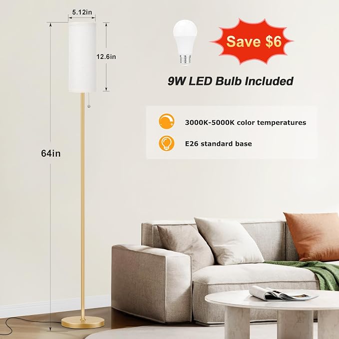 Ambimall Floor Lamp for Living Room with 3 Color Temperatures Bulb, 64" Standing lamp with Linen lampshade for Bedroom, Minimalist Pole Lamp, Beige Shade & Gold Pole