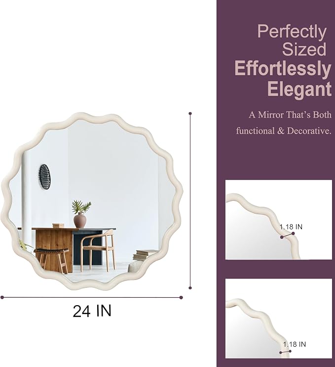 24 Inch Wooden Wavy Round Wall Mirror, Modern Solid Wood Frame Circle Decorative Accent Mirror for Bedroom, Bathroom, Living Room, Entryway, White