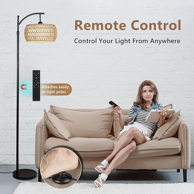 Arc Floor Lamp with Remote Control, Dimmable LED Floor Lamp with 3 Color Temperature, Black Standing Lamp with Rattan & Fabric Double Drum Shade, Boho Farmhouse Tall Pole Lamp for Living Room Bedroom