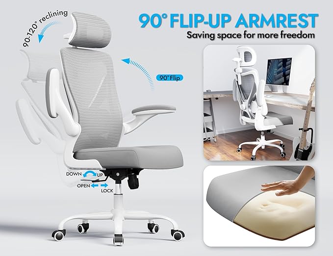 Ergonomic Office Chair - Computer Desk Chairs Comfy, Mesh High-Back Gaming Chair with Adjustable Lumbar Support, Executive Task Chair for Adults, Comfortable for Long Hours (Grey Silver)
