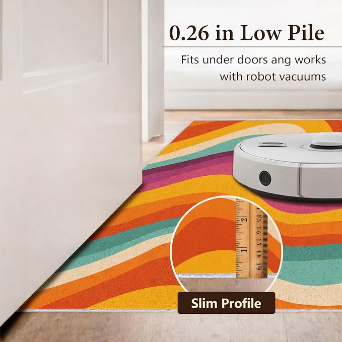 Retro 70s Area Rug 2x3, Mid Century Modern Abstract Wavy Carpet, Colorful Rainbow Swirl Rug for Living Room Bedroom Office, Non-Slip Washable Indoor Floor Mat