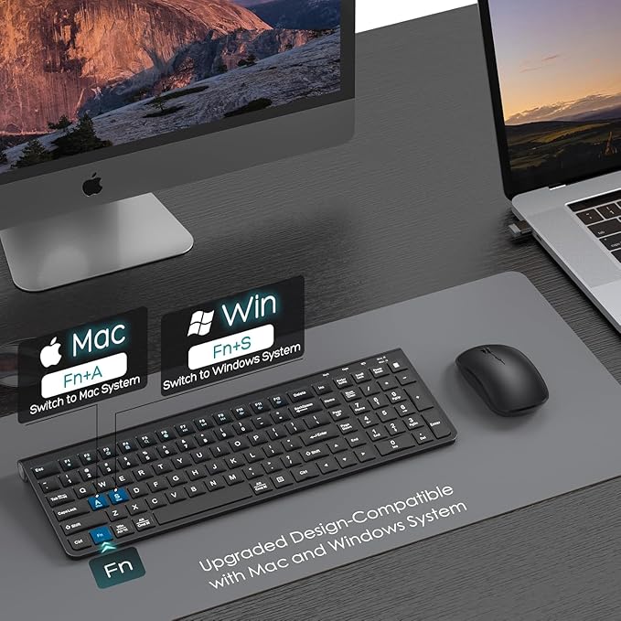 JOYACCESS Wireless Keyboard Mouse Combo, Ergonomic Wireless Keyboard with Adjustable Stand, Type-C Connector,and Waterproof Film Compatible with Win 7/8/10, MacBook Pro/Air, Laptop - Black