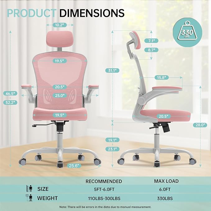 Office Chair Ergonomic Desk Chair, 330LBS Capacity, High Back Computer Chair for Long Hours Comfortable, Rolling Swivel Executive Task Chair for Home Office with Flip-up Armrests(Grey Pink)
