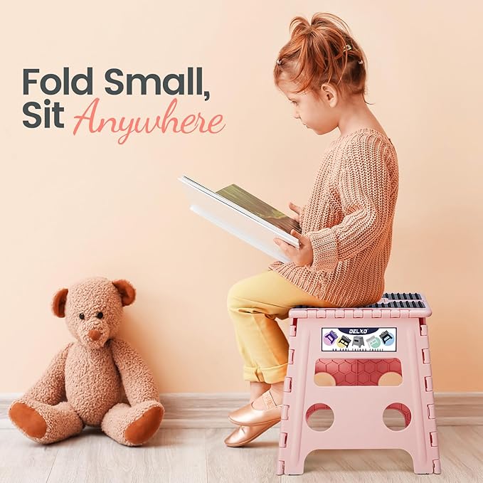 Delxo Folding Step Stool 13 Inch,Non-Slip Foldable Stools for Kids & Adults Up to 300 LBS,Kitchen Collapsible Fold Up Stepping Stool with Dotted 1 Pack,Pink
