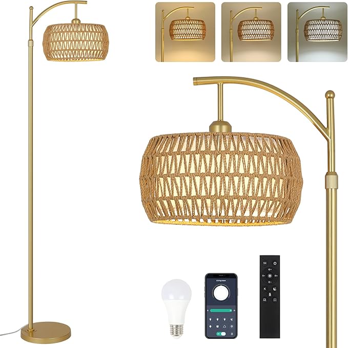 eyassi Arc Floor Lamp with 3 Color Temperatures, LED Gold Floor Lamp with Remote & Stepless Dimmable Bulb, Boho Standing Lamp with Rattan & Fabric Shades, Farmhouse Tall Lamp for Living Room Bedroom