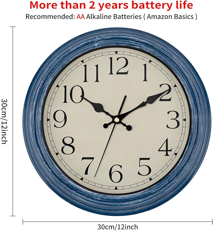 Foxtop 12 Inch Wall Clocks Battery Operated Silent Non-Ticking Classic Vintage Retro Wall Clock Decorative for Office Living Room Kitchen Home (Blue)
