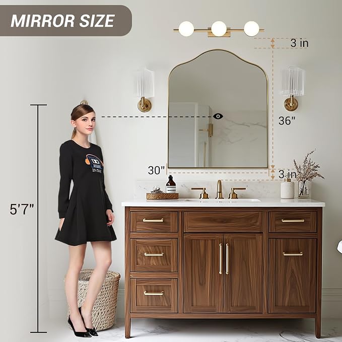ANDY STAR Brass Scalloped Arched Wall Mirror, 30x36 Brushed Gold Irregular Bathroom Mirror with Curved Design for Vanity, Powder Room, Fireplace, Mantel, with Stainless Steel Metal Frame