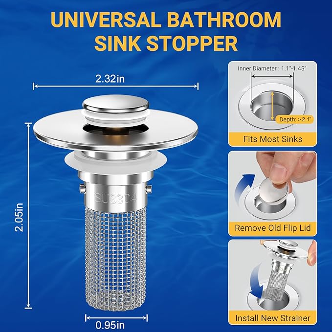 2PCS Bathroom Sink Stopper Strainer, Pop-Up Bathroom Sink Drain Strainer