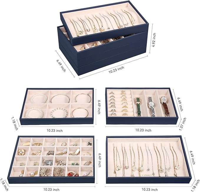LANDICI Stackable Jewelry Organizer Trays 4 Set, PU Leather Jewelry Organizer