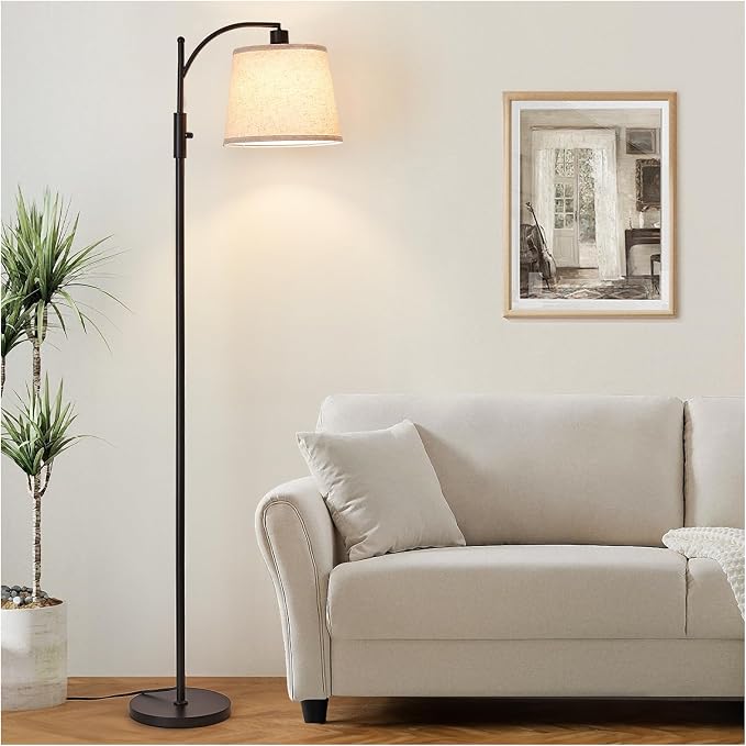 AIDENOEY Fully Dimmable Floor Lamp for Living Room，Standing Lamp Rotary Switch with Linen Beige Shade，Black Tall Lamps for Bedroom with Adjust Head，9W LED Bulb Included
