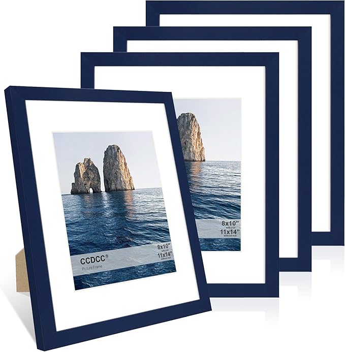 11x14 Picture Frame Set of 4, 11 x 14 Wood Photo Frames with Mat for 8x10, Natural Wooden Frame with Real Glass Cover for Wall and Tabletop Display,Blue