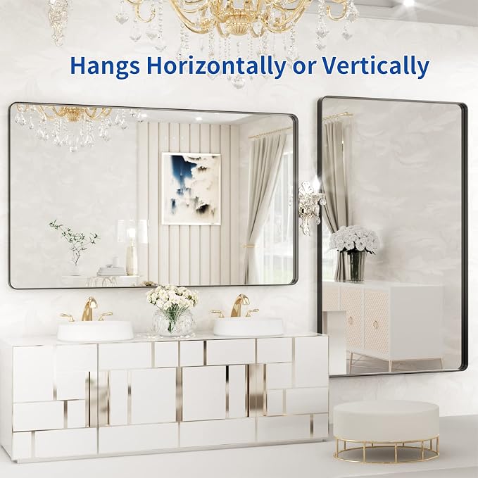 WEER Black Metal Framed Mirror, 60X36 Inch Rectangular Matte Black Wall Mirror for Bathroom, Rounded Corner Black Bathroom Vanity Mirror, Tempered Glass, Anti-Rust, Hangs Horizontal or Vertical