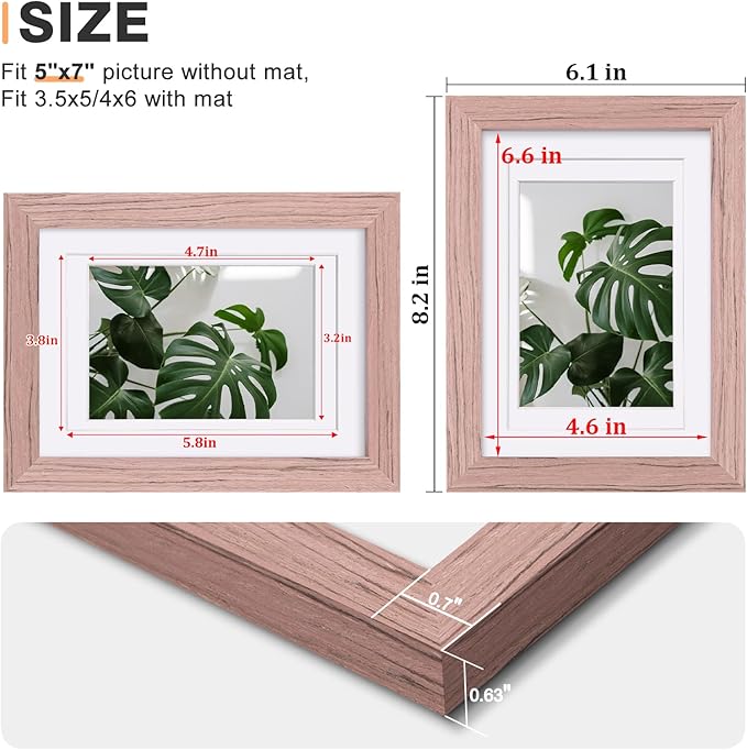 Egofine 5x7 Picture Frame Made of Solid Wood,Covered by Plexiglass Display Pictures 3.5x5/4x6 with Mat or 5x7 Without Mat for Table Top Display and Wall Mounting Photo Frame, Peach Pink