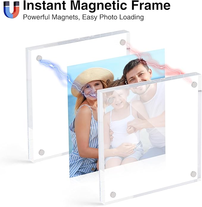 HOUSE DAY Acrylic Picture Frames 4x4, 6 Pack Magnetic 4 x 4 Picture Frame, Double Sided Clear 4x 4 Photo Frame with Microfiber Cloth, Frameless FreeStanding 4x4 Frame Gift for Desktop Display