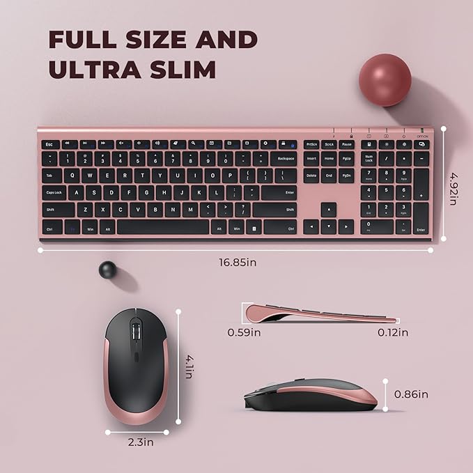 Wireless Keyboard and Mouse, Vssoplor 2.4GHz Rechargeable Compact Quiet Full-Size Keyboard and Mouse Combo with Nano USB Receiver for Windows, Laptop, PC, Notebook-Black and Rose Gold