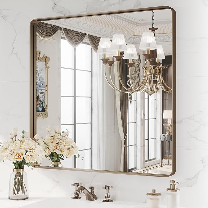 WEER Bronze Bathroom Mirror 36x36 Inch, Farmhouse Oil Rubbed Frame for Wall, Aluminum Alloy Brushed Metal, Vanity, Tempered Glass, Anti-Rust (Horizontal/Vertical)