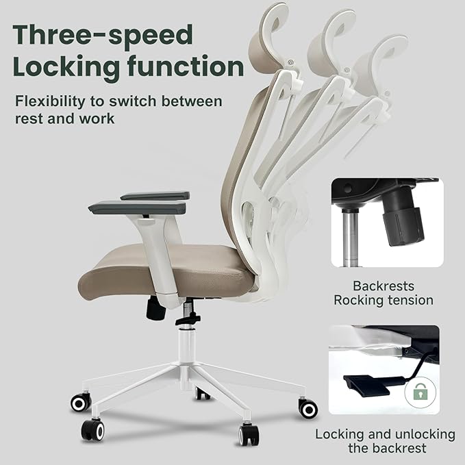 Ergonomic Office Chair - 350LB Mesh Office Chair with Adjustable Lumbar, High Back Computer Chair with 3D Armrests, Comfy Chair with 2D Headrest & Tilt Function for Study, Work, Gaming