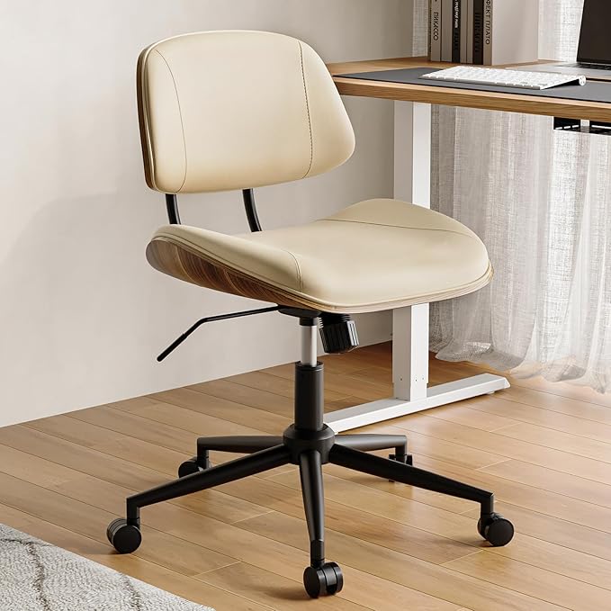 Armless Office Chair with Wheels, PU Leather Adjustable Height Desk Chair - 360° Swivel Ergonomic Computer Chair for Small Space, Modern Walnut Style, Home & Meeting Room, Beige