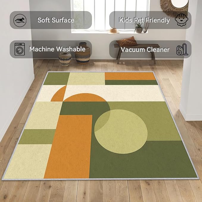 Mid Century Rug 8x12, Washable Modern Geometric Rugs for Living Room Bedroom, Minimalist Area Rug for Home Decor, Non Slip Backing Floor Carpet with Gripper - 8 x 12 ft