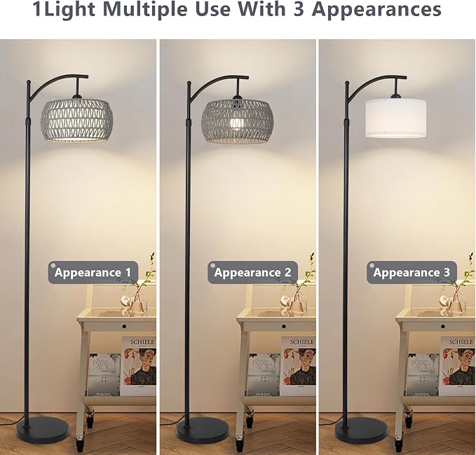 Arc Floor Lamp for Bedroom, Boho Standing Lamp with Remote & LED Smart Bulb, Rattan Floor Lamps for Living Room with 3 Color Temperatures, Height Adjustable Corner Tall Lamp, Stand up Light for Office
