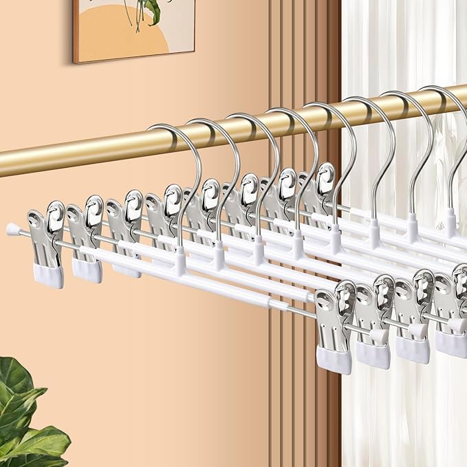 10 Pack 14Inch Heavy Duty Pants Skirt Hangers with Clips,Metal Trousers Hanger for Jeans White Non Slip Women Shorts Hangers Saving Space Clothing Hanger for Adult,Men,Children,Kid,Baby