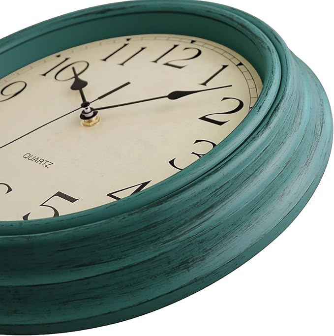 Foxtop Retro Silent Non-Ticking Round Classic Clock 12 Inch Quartz Decorative Battery Operated Wall Clock for Living Room Kitchen Home Office (Turquoise)