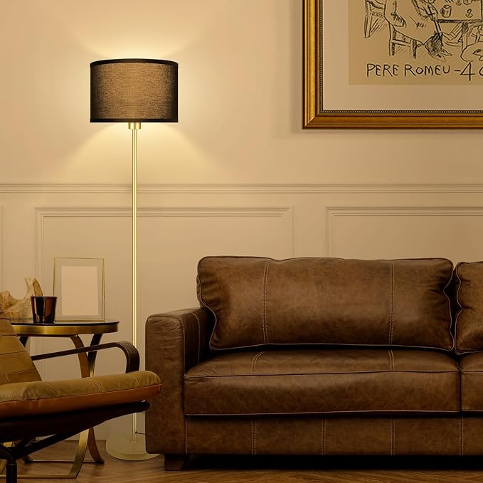 Gold Floor Lamps for Living Room, Modern Bright Standing Lamp, Black Lamp Shades, Foot Switch, Simple Pole Lamps Corner Lamp for Bedroom,Office, Living Room, Den, Black Living Room Lamp(No Bulb)