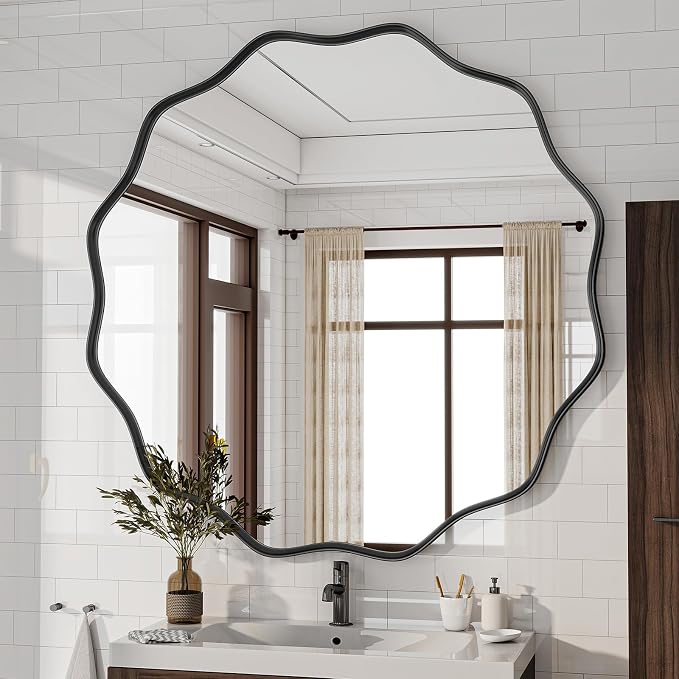 Round Wavy Mirror, 36 Inch Metal Frame Circle Mirror, Round Wall Mounted for Entryway, Bathroom, Vanity, Living Room, Black