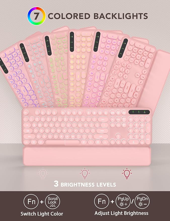 Wireless Keyboard and Mouse Backlit - Typewriter Keyboard with Retro Round Keycaps, Detachable Wrist Rest, Light Up Letters, 2.4G Rechargeable Combo for Mac, Windows, PC, Laptop, Trueque (Pink)