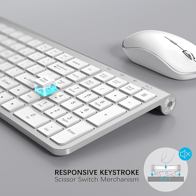 JOYACCESS Wireless Keyboard and Mouse, Ergonomic,Dustproof and Portable Wireless Keyboard with Number Keypad, Adjustable DPI Computer Mouse for Laptop,PC, Windows-Silver White