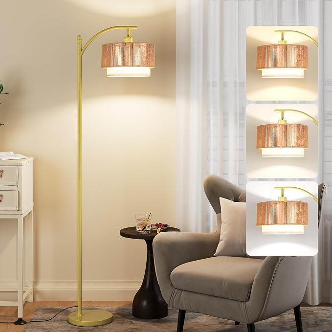 SUNMORY Floor Lamps for Living Room with 12W LED Bulb, Arc Floor Lamp with 3 Color Temperatures, Farmhouse Floor Lamps with Adjustable Rattan & Fabric Shades, Boho Standing Lamp for Bedroom, Corner
