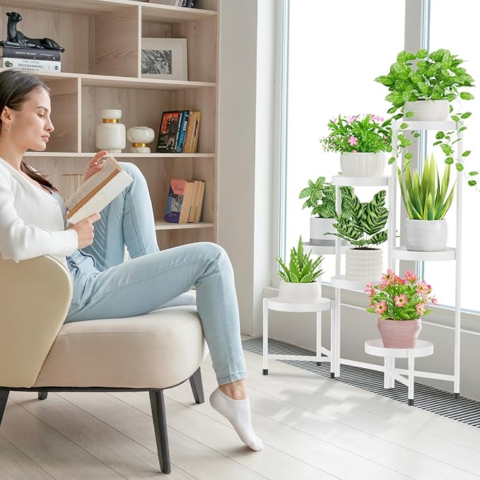iDavosic.ly Plant Stand Indoor Outdoor, 8 Tier Corner Metal Flower Display Holder Shelf, Folding Tall Orchid Rack for Patio Balcony Porch Garden Living Room House, White