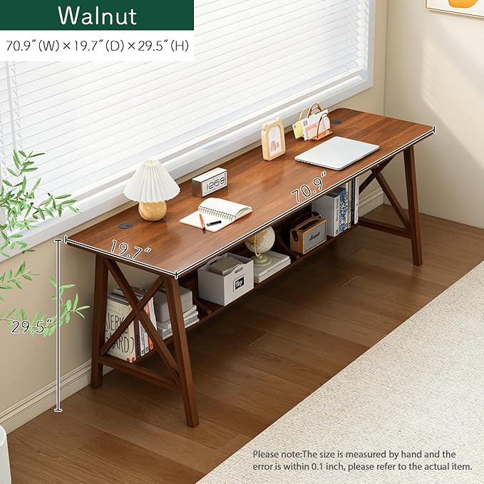 Extra Long Desk with Bookshelf - Wooden Home Office Work Study Table, 2-Person Writing Computer Workstation with Storage Shelf in Walnut, 71" Wx20 Dx30 H