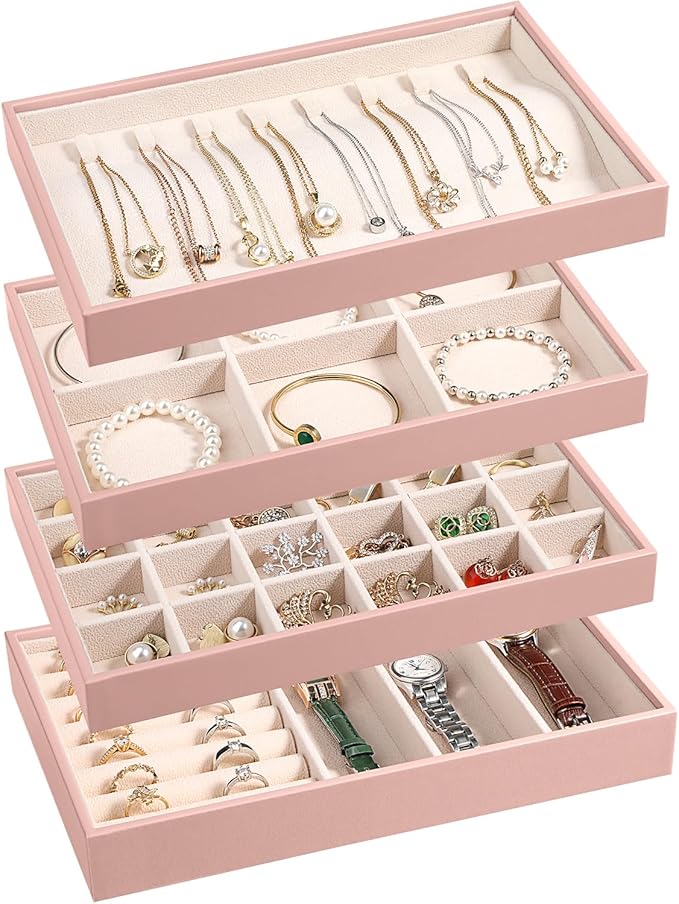 LANDICI Stackable Jewelry Organizer Trays 4 Set, PU Leather Jewelry Organizer